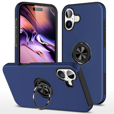 iPhone 16 Comprehensive Protection Case Cover with Magnetic Ring Holder: Anti-Shock, Anti-Falling - Navy
